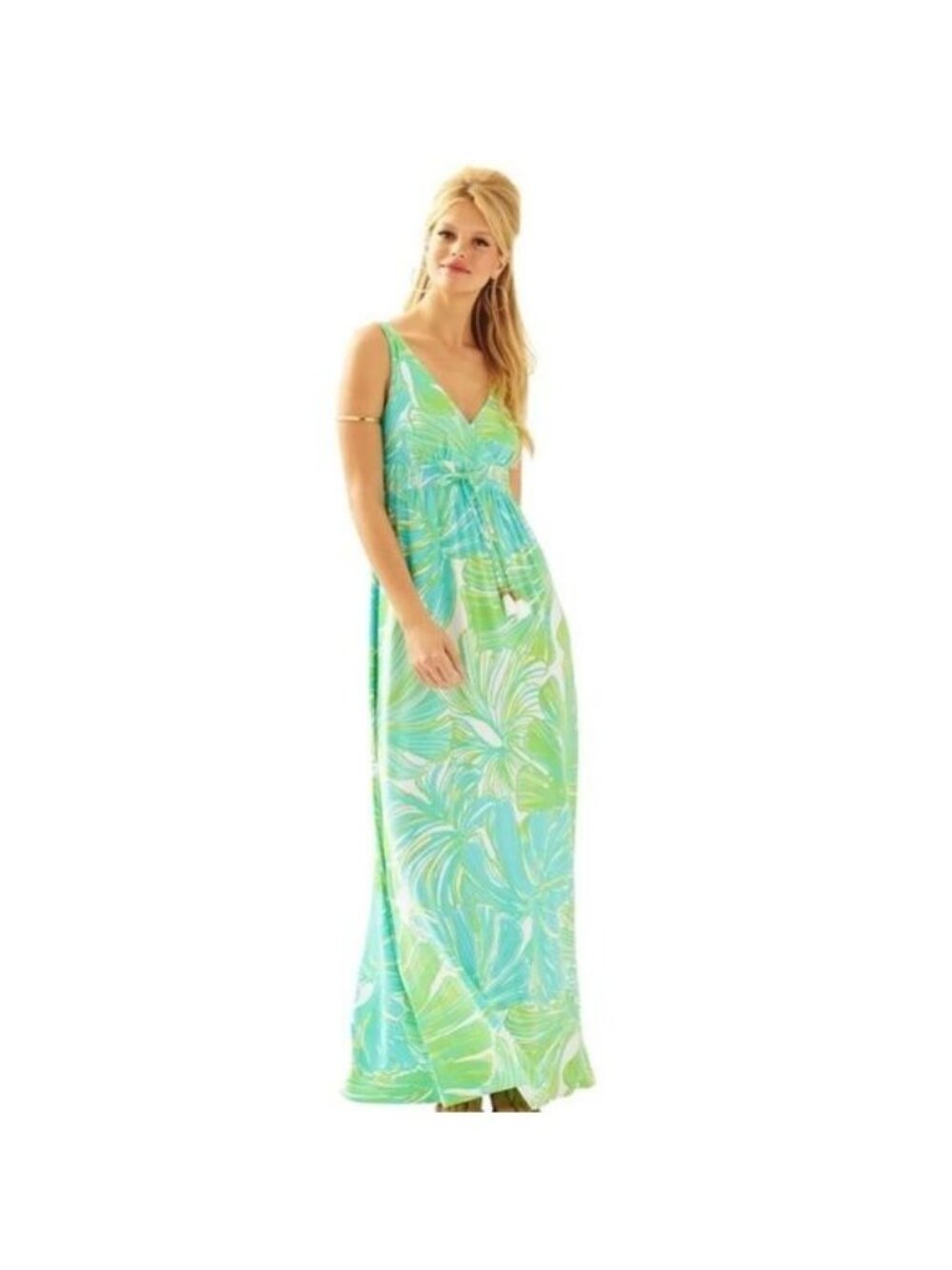 Lilly Pulitzer Isla Maxi Dress Green Sheen Fronds Place XL Sleeveless V-Resort
